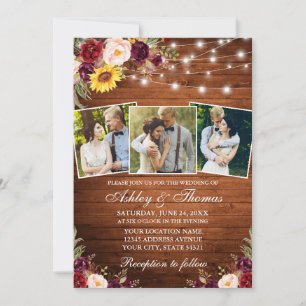Rustic Mixed Floral 3 Photo Wood Lights Wedding Invitation