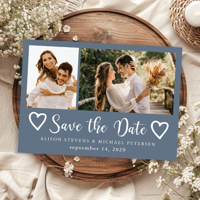 Rustic modern 2 photo dusty blue wedding  save the date (Creator Uploaded)