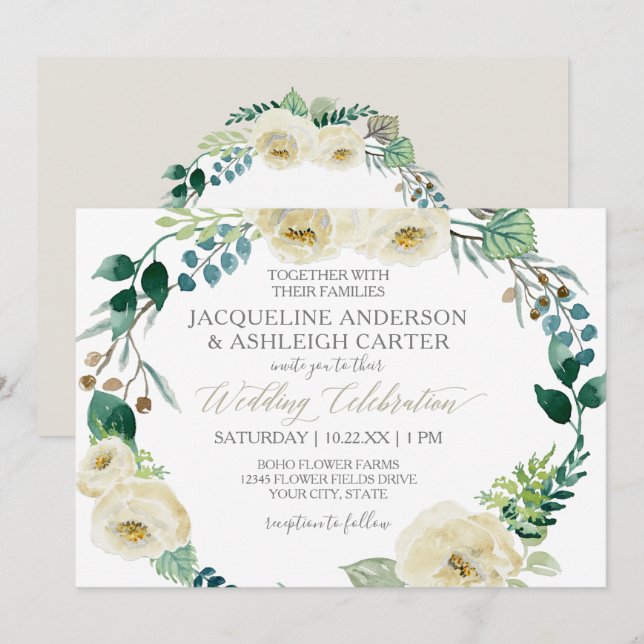 Rustic Modern Alabaster Rose Eucalyptus Wreath Invitation (Front/Back)