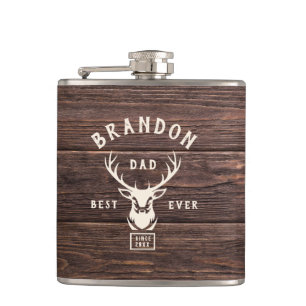 Rustic Modern BEST DAD EVER Custom Name Deer Wood Hip Flask