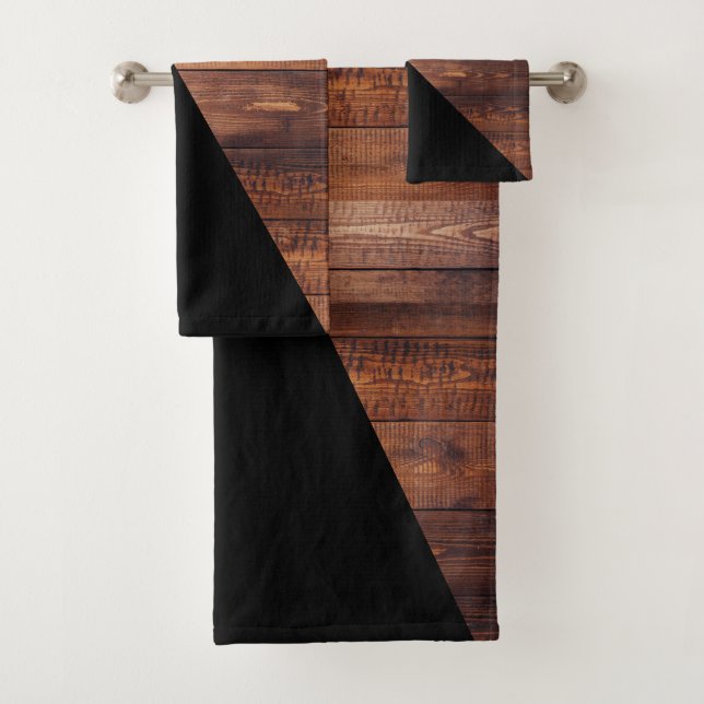 Rustic Modern Black Diagonal & Wood Planks Bath Towel Set (Insitu)