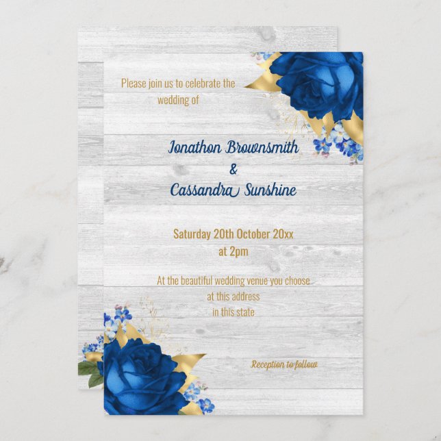 RUSTIC MODERN BLUE FLORAL GOLD WHITE WEDDING INVITATION (Front/Back)