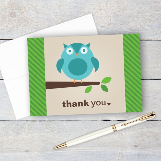 Rustic Modern Blue Owl on Tree Branch Thank You Card (Creator Uploaded)