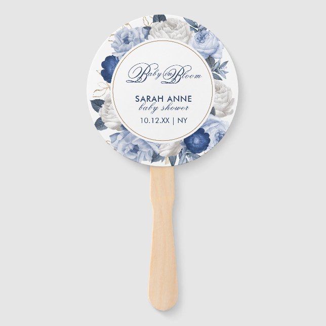 Rustic Modern Blue & White Flower Baby Shower Hand Fan (Front)