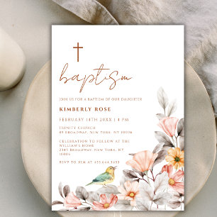 Rustic Modern Boho Wildflower Cross Baptism Invitation