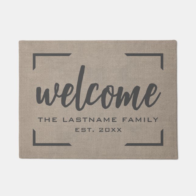 Rustic Modern Burlap - Blessings Script Welcome Do Doormat (Front)