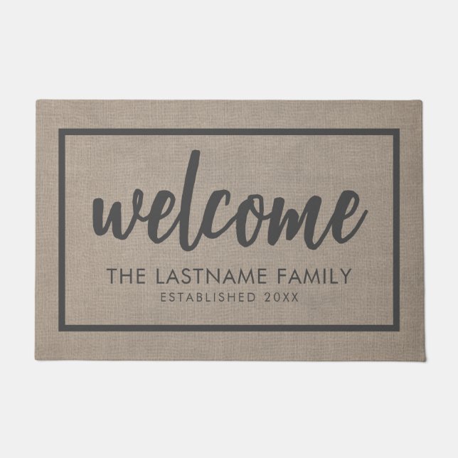 Rustic Modern Burlap - Blessings Script Welcome Do Doormat (Front)