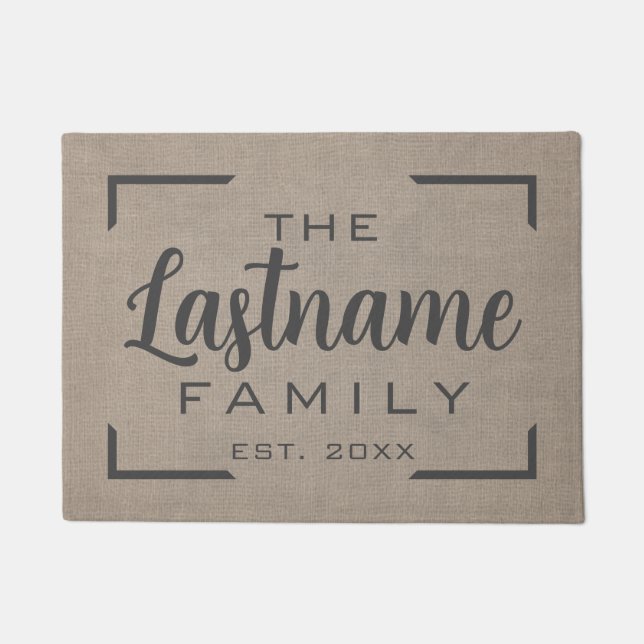 Rustic Modern Burlap - Family Script Welcome Doormat (Front)