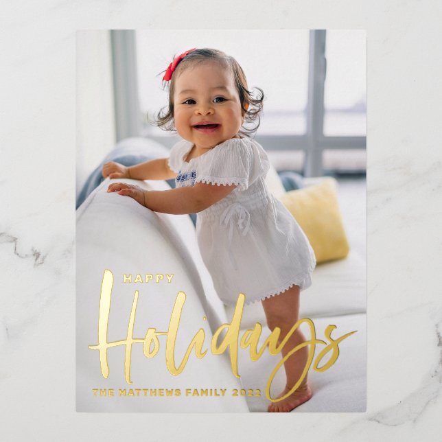 Rustic Modern Calligraphy Happy Holidays Photo Foil Holiday Postcard (Front)