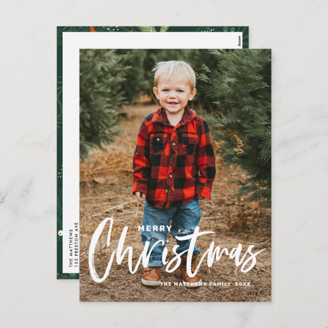 Rustic Modern Calligraphy Merry Christmas Photo Holiday Postcard (Front/Back)