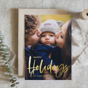 Rustic Modern Calligraphy Photo Happy Holidays Foil Holiday Card