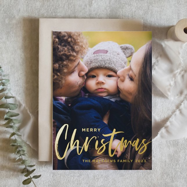 Rustic Modern Calligraphy Photo Merry Christmas Foil Holiday Card (Creator Uploaded)