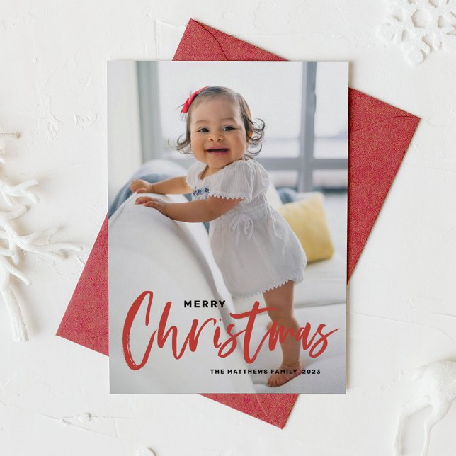 Rustic Modern Calligraphy Red Merry Christmas Holiday Card (Creator Uploaded)