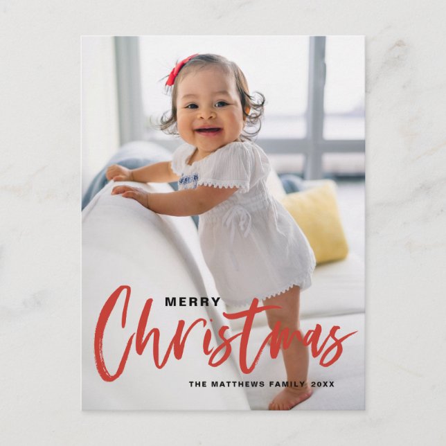 Rustic Modern Calligraphy Red Merry Christmas Holiday Postcard (Front)