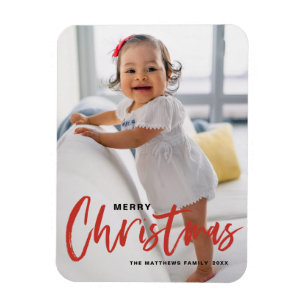 Rustic Modern Calligraphy Red Merry Christmas Magnet