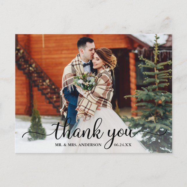 Rustic Modern Calligraphy Script Thank You Wedding Postcard (Front)