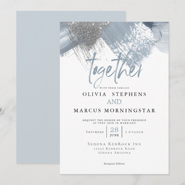 Rustic Modern Chic Dusty Blue Brushstrokes Invitation (Front/Back)
