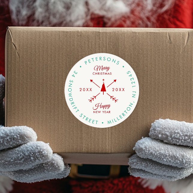 Rustic Modern Christmas Holiday Return Address Classic Round Sticker (Creator Uploaded)