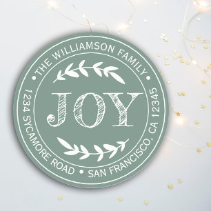 Rustic Modern Christmas Joy Return Address Green Classic Round Sticker