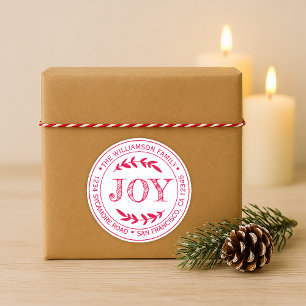 Rustic Modern Christmas Joy Return Address Red Classic Round Sticker