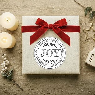 Rustic Modern Christmas Joy Round Return Address Classic Round Sticker