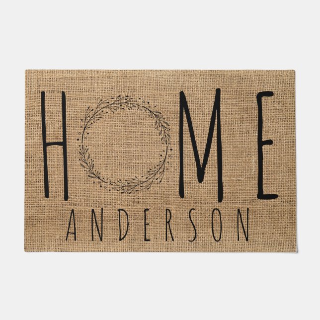 Rustic Modern Country Family Name Home Faux Burlap Doormat (Front)