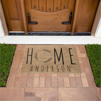 Rustic Modern Country Family Name Home Faux Burlap Doormat
