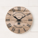Rustic Modern Custom Family Name Farmhouse Large Clock<br><div class="desc">Personalised Family Name,  city,  state and year established Rustic Modern Wall clock in a trendy farmhouse style design with roman numeral clock face,  buck illustration,  and light brown wood plank backdrop design. Perfect gift for newlyweds,  housewarming present or grandparents,  or your cabin,  cottage or country house makeover.</div>