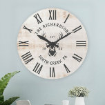 Rustic Modern Custom Family Name Farmhouse Large Clock<br><div class="desc">Personalised Family Name,  city,  state and year established Rustic Modern Wall clock in a trendy farmhouse style design with roman numeral clock face,  buck illustration,  and White distressed wood plank  / shiplap backdrop design. Perfect gift for newlyweds,  housewarming present or grandparents,  or your cabin,  cottage,  or country house makeover.</div>