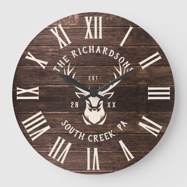Rustic Modern Custom Family Name Farmhouse Wood Large Clock (Front)