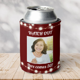 Rustic Modern Custom Photo 50th Birthday Burgundy Can Cooler