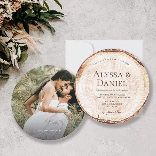 Rustic Modern Custom Photo Unique Wood Cut Invitation (Unique, trendy, rustic modern wedding invitation with photo on the back. Wood cut slice design.)