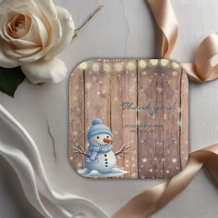 Rustic Modern Elegant Blue Snowman Baby Shower Paper Plate