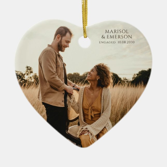 Rustic Modern Engagement Photo Heart Keepsake  Ceramic Tree Decoration (Front)