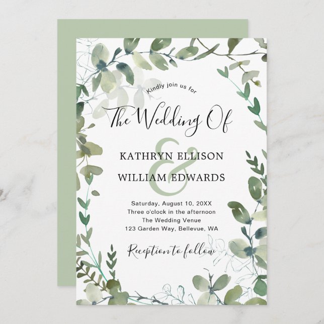 Rustic Modern Eucalyptus Green Wedding Invitation (Front/Back)