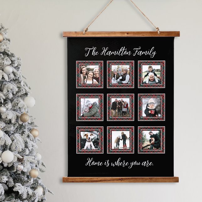 Rustic Modern Family Photo Collage Hanging Tapestry (Family Photo Collage in Elegant in Rustic Modern Style with Script Font)
