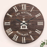 Rustic Modern Farmhouse Custom Family Name Retro Large Clock<br><div class="desc">Personalised Family Name, city, state and year established Rustic Modern Wall clock in a trendy farmhouse style design with roman numeral clock face, barn illustration, and light white wood plank / shiplap backdrop design. Perfect gift for newlyweds, wedding or housewarming present or grandparents gift, or for a home make-over in...</div>
