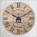 Rustic Modern Farmhouse Custom Family Name Vintage<br><div class="desc">Personalised Family Name, city, state and year established Rustic Modern Wall clock in a trendy farmhouse style design with roman numeral clock face, barn illustration, and light white wood plank / shiplap backdrop design. Perfect gift for newlyweds, wedding or housewarming present or grandparents gift, or for a home make-over in...</div>