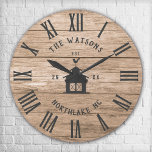 Rustic Modern Farmhouse Custom Family Name Vintage Large Clock<br><div class="desc">Personalised Family Name, city, state and year established Rustic Modern Wall clock in a trendy farmhouse style design with roman numeral clock face, barn illustration, and light white wood plank / shiplap backdrop design. Perfect gift for newlyweds, wedding or housewarming present or grandparents gift, or for a home make-over in...</div>