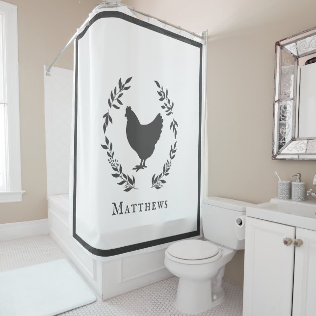 Rustic Modern Farmhouse Grey Rooster with Name  Shower Curtain (In Situ)