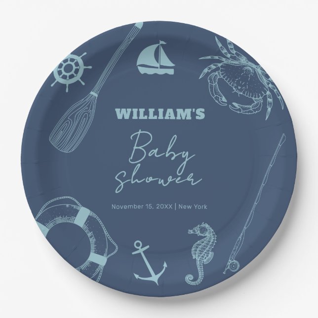 Rustic Modern Fishing Nautical Boy Baby Shower  Paper Plate (Front)