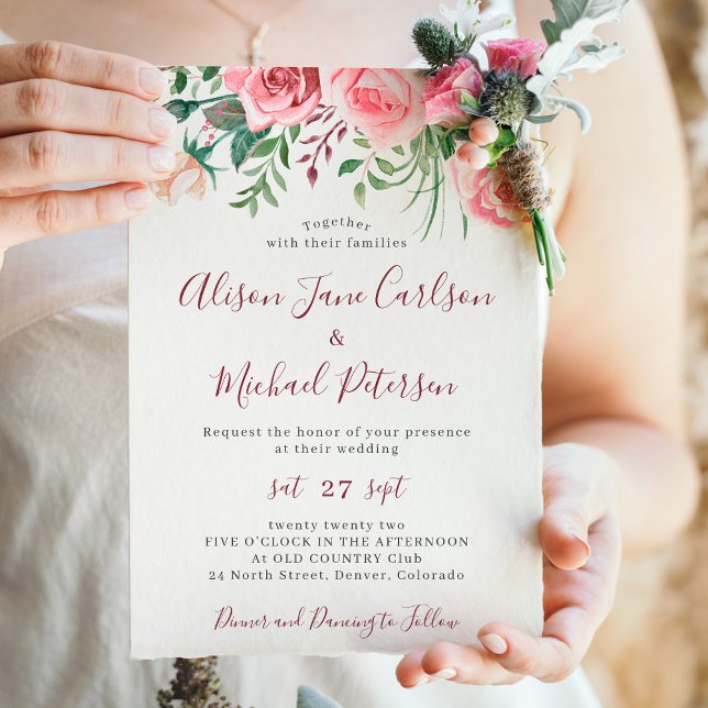 Rustic modern floral watercolor burgundy wedding invitation (Creator Uploaded)