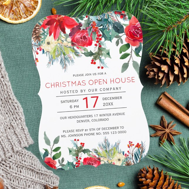 Rustic modern floral winter holiday open house invitation (Creator Uploaded)