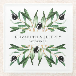 Rustic Modern Geometric Olive Branches Wedding  Glass Coaster