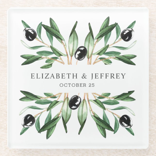 Rustic Modern Geometric Olive Branches Wedding  Glass Coaster (Front)