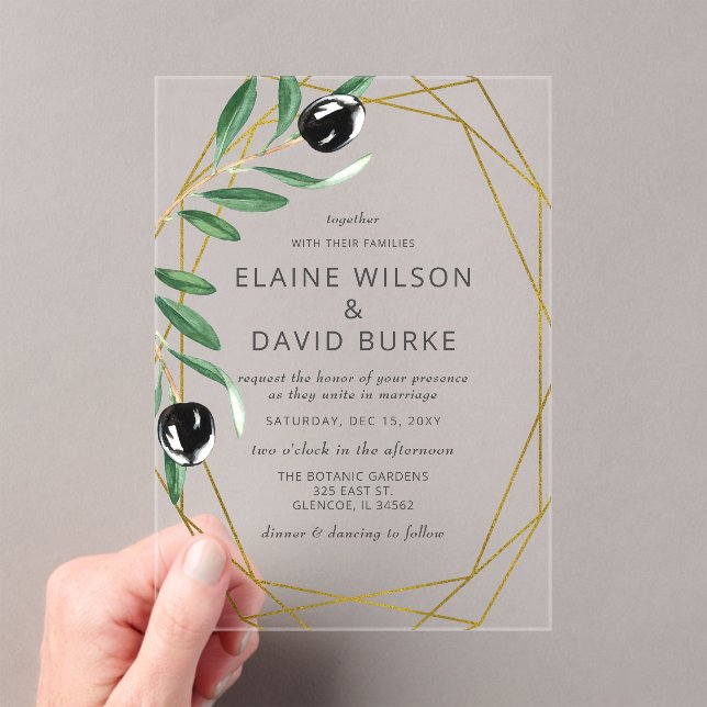 Rustic Modern Geometric Olive Branches Wedding Inv Acrylic Invitations (Insitu (Handheld))