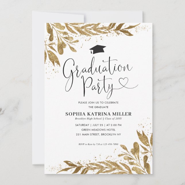 Rustic Modern Gold Floral Sparkle Graduation Party Invitation (Front)