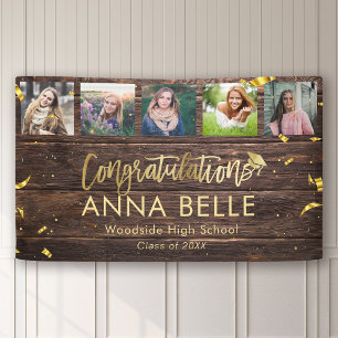 Rustic Modern Gold Script Photo Collage Graduation Banner