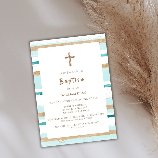 Rustic Modern Gold Stripe Cross Boy Baptism  Invitation (Rustic Modern Gold Stripe Cross Boy Baptism Invitation)