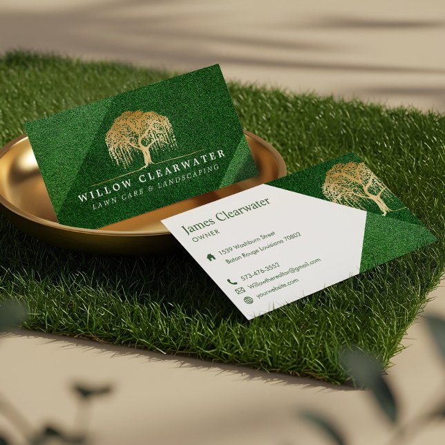 Rustic Modern Green & Gold Willow Tree Landscaping Business Card (Rustic Modern Green & Gold Willow Tree Landscaping Business Card)